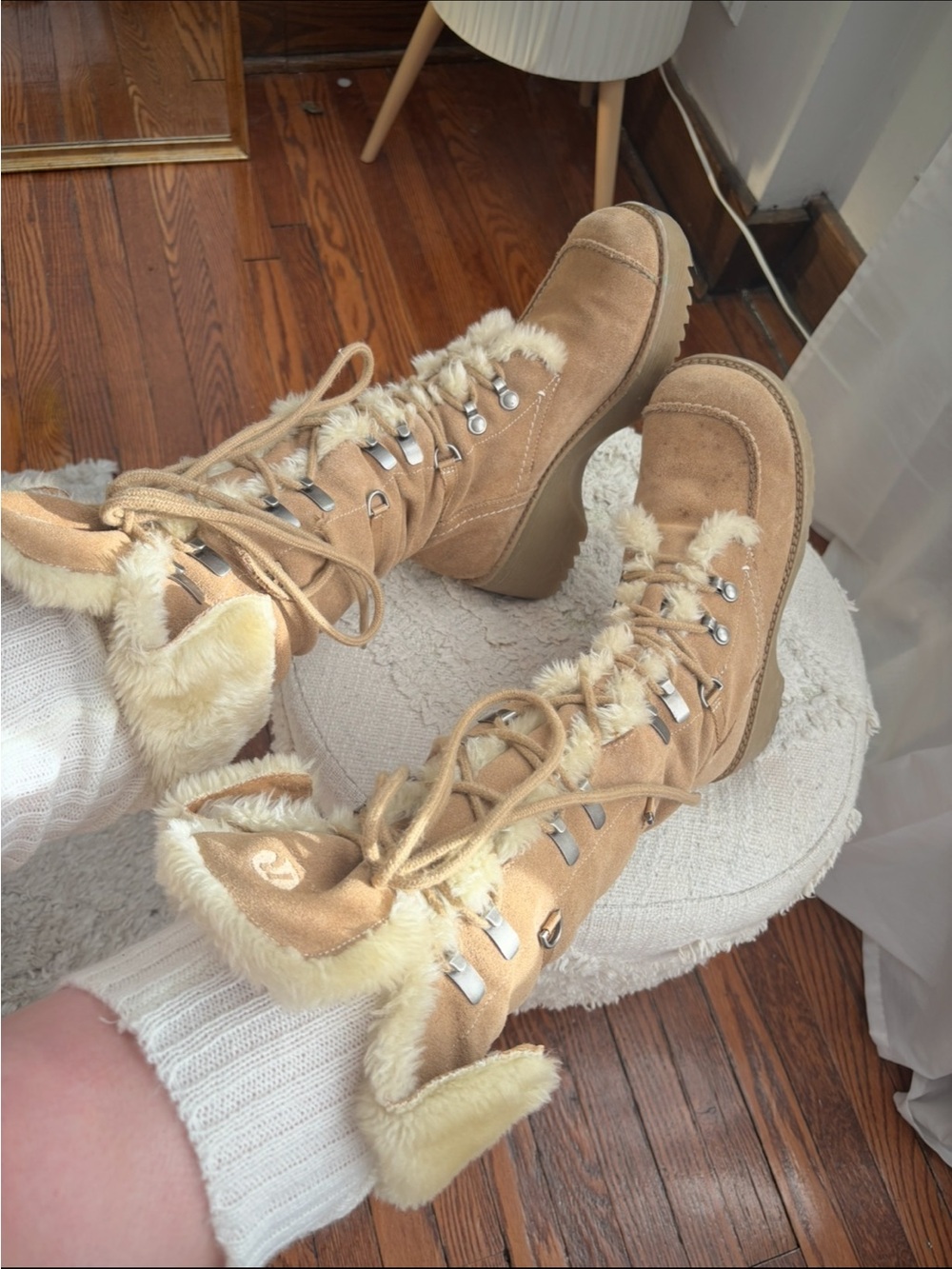 Report Tan Suede Lace-Up Fur-Trim Mid-Calf Boots